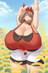 1girls absurd_res armpits arms_behind_head arms_up big_breasts breasts breasts_bigger_than_head brown_hair busty closed_eyes clothed clothing curvaceous curvy curvy_female curvy_figure detailed_background digital_media_(artwork) dotil eyebrows eyelashes female female_focus female_only headgear headwear hi_res huge_breasts light-skinned_female light_skin may_(pokemon) may_(pokemon_oras) motion_lines nintendo plump pokemon pokemon_oras solo thick_thighs video_games voluptuous voluptuous_female wide_hips