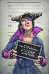 1girls artist_signature bad_bitch bodysuit capcom cedric_poulat female female_only juri_han mugshot pink_eyes street_fighter street_fighter_6 tagme toned toned_female tounge_out two_tone_eyes