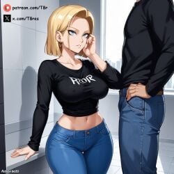 1boy 1girls ai ai_generated android_18 blonde_female blonde_hair blue_eyes clothed clothing dragon_ball dragon_ball_z female jeans looking_at_another male narrow_waist t8r thick_thighs thighs wide_hips