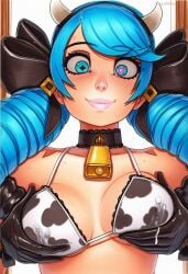 2025 ai_generated animal_print artist_name bell breasts cow_ears cow_horns cow_print cowbell crazyfishbones female gwen_(league_of_legends) horns solo