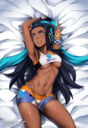 1girls abs absurdres angry armpits arms_up artist_name ass bed belly black_hair blue_eyes blue_hair blush breasts cameltoe clothed dannex009 dark-skinned_female dark_skin deviantart earrings eye_contact eyeshadow facebook_username female female_only fit gym_leader highres hoop_earrings human jewelry long_hair looking_at_viewer lying makeup midriff multicolored_hair muscular muscular_female navel nessa_(pokemon) nintendo on_back paid_reward patreon patreon_reward patreon_username pokemon pokemon_ss shiny shiny_skin shirt shorts solo sweat teeth text thigh_gap underboob url watermark wet white_background wide_hips