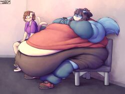 2024 anthro belly big_belly black_bottomwear black_chair black_clothing black_floor black_footwear black_hair black_nose black_shoes black_shorts black_text blue_body blue_ears blue_eyes blue_fur blue_tail bottomwear brown_hair chair clothed clothed_anthro clothed_female clothing domestic_cat duo felid feline felis female footwear fully_clothed fully_clothed_anthro fully_clothed_female fur furniture hair hi_res huge_belly hyper hyper_belly looking_at_another looking_at_another's_belly mammal morbidly_obese morbidly_obese_female obese obese_anthro obese_female on_chair overweight overweight_anthro overweight_female pink_eyes ponytail procyonid purple_clothing purple_shirt purple_topwear raccoon red_clothing red_footwear red_shirt red_shoes red_topwear shirt shoes shorts sitting sitting_on_chair tail tail_motion tailwag text topwear waiting_room wenisberry white_belly white_body white_clothing white_footwear white_fur white_shoes white_wall