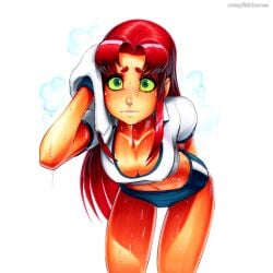 2025 ai_generated artist_name breasts cleavage crazyfishbones female green_eyes large_breasts long_hair looking_at_viewer red_hair solo starfire wet