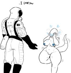 2019 alien ambiguous_gender areola artlegionary belly big_breasts blush boots breasts closed_eyes clothed clothing dialogue duo english_text female flustered footwear gas_mask gloves hand_on_face handwear hazmat_suit heart humanoid inverted_nipples larger_ambiguous lenni_(artlegionary) long_neck mask navel nipples nude on_one_leg oxygen_tank pussy shortstack size_difference slightly_chubby smaller_female standing steam tailwag teeth text thick_thighs wide_hips