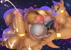 absurd_res anthro balls belly big_belly bodily_fluids brown_body brown_eyes canid canine canis cosmic_background cum cum_on_balls cum_on_penis cumshot domestic_dog ear_piercing ear_ring ejaculation famir genital_fluids genitals hi_res internal male mammal muscular muscular_anthro muscular_male narrowed_eyes nipple_piercing nipple_ring nipples nude object_vore open_mouth pecs penis piercing pink_nipples planet_vore ring_piercing solo space space_background tongue tongue_out vore