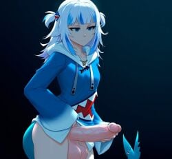 1girls bangs blue_background blue_eyes blue_hair blunt_bangs closed_mouth erection eyebrows_visible_through_hair futanari gawr_gura gradient hair_ornament half-closed_eyes hololive hood large_breasts large_penis long_hair long_sleeves masturbation multicolored_hair penis shark_tail solo testicles uncensored veins veiny_penis