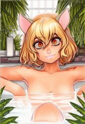 2025 ai_generated animal_ears artist_name bath blonde_hair breasts crazyfishbones female hunter_x_hunter looking_at_viewer neferpitou nude short_hair solo water