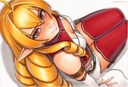 2025 ai_generated artist_name blonde_hair crazyfishbones elinalise_dragonroad female gloves long_hair looking_at_viewer pointy_ears red_eyes smile solo thighhighs
