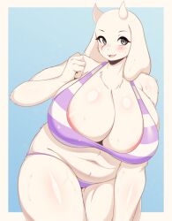 1girls anthro belly_button big_breasts bikini breasts eyebrows eyelashes female female_focus female_only goat goat_ears goat_girl goat_horns grey_eyes happy high_resolution highres huge_breasts purple_bikini simple_background smile sweat sweatdrop sweating swimsuit tailzkim toriel two_tone_bikini undertale undertale_(series) white_body white_fur wholesome