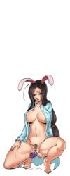 animal_ears barefoot black_hair bottomless breasts bunny's_mother_(hentai_heroes) censored cg dildo female female_masturbation female_pubic_hair hentai_heroes kinkoid large_breasts long_hair low-tied_long_hair masturbation navel no_bra object_insertion official_art open_clothes open_shirt parody pubic_hair pussy pussy_juice rabbit_ears sex_toy shirt simple_background solo spread_legs squatting sweat tiptoes vaginal_object_insertion vaginal_penetration very_long_hair