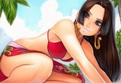 2025 ai_generated artist_name bikini blue_eyes boa_hancock breasts clothing crazyfishbones day earrings female female_only jewelry long_hair one_piece solo swimsuit