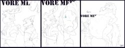 2023 3_panel_comic almost_fully_inside anthro antlers belly big_belly black_and_white blue_eyes bulge canid canine celtic_mythology clothing collar convention dated deer equid equine european_mythology fox group hair head_first head_in_mouth horn huge_belly hyper hyper_belly kelpie larger_pred lined_up male male/male male_pred male_prey mammal monochrome mythological_creature mythological_equine mythology oral_vore pandottermon shirt signature size_difference standing_in_line tail text topwear trio vore vore_belly