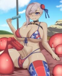 bikini condom condom_balloon condom_on_penis futanari grin manesonic miyamoto_musashi_(fate) seductive