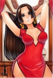 2025 ai_generated artist_name blue_eyes boa_hancock breasts china_dress chinese_clothes cleavage crazyfishbones dress female large_breasts long_hair solo