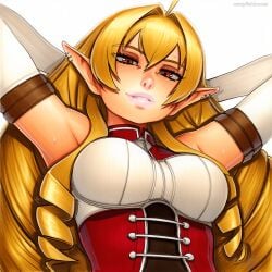 2025 ai_generated armpits artist_name blonde_hair breasts crazyfishbones elf elinalise_dragonroad female large_breasts long_hair looking_at_viewer pointy_ears solo