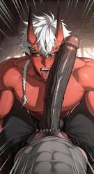 5_eyes ai_generated big_cock big_dick big_penis daiki7_8 huge_cock long_cock long_dick long_penis muscular muscular_male red_skin rider_(on_my_way_to_see_mom) slapping_with_penis thick_penis throbbing throbbing_penis tongue_out white_hair zipper_down