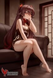 1girls 2d ai_generated ass barefeet big_ass breasts cleavage erophoenix feet female female_focus full_body genshin_impact hu_tao_(genshin_impact) long_hair looking_at_viewer orange_eyes patreon_username small_breasts solo solo_female sweat thick thick_thighs toes uncensored