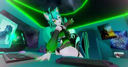 animal_ear_fluff animal_ears breasts cat_ears computer controller female game_controller green_eyes green_hair keyboard_(computer) large_breasts long_hair momomischief monitor sitting solo virtual_youtuber