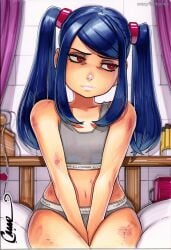 2025 ai_generated artist_name blue_hair crazyfishbones female jill_stingray long_hair looking_at_viewer navel red_eyes shorts sitting solo twintails