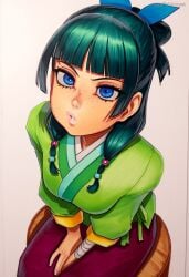2025 ai_generated artist_name bangs blue_eyes blunt_bangs bow crazyfishbones female japanese_clothes long_hair looking_at_viewer maomao_(kusuriya_no_hitorigoto) sitting solo
