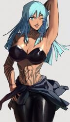 1girls abs alternate_version_available atlus bangs big_breasts black_bra black_lips black_lipstick blue_eyes blue_hair blush bra breasts clothed clothed_female clothing commission commissioner_upload demon demon_girl devil_summoner female front_view hand_above_head leather leather_clothing leather_pants lipstick long_hair looking_at_viewer madoro_q megami_tensei muscular muscular_female nemissa_(megami_tensei) one_eye_closed simple_background six_pack smile smiling smiling_at_viewer smirk smirking smirking_at_viewer solo solo_female solo_focus soul_hackers stomach_tattoo swastika tan tan-skinned_female tan_body tan_skin tanned tanned_skin tattoo tattoo_on_arm tattoo_on_neck tattoo_on_stomach tattooed_arm tattoos tongue tongue_out