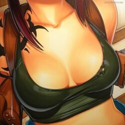 2025 ai_generated artist_name black_hair black_lagoon breasts cleavage close-up crazyfishbones female head_out_of_frame large_breasts long_hair original revy solo