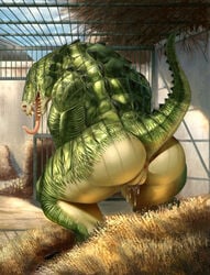 1girls anthro anthrofied anus back cage da_polar_inc deathclaw eye_contact fallout fallout_4 female female_deathclaw female_only gatorclaw grass green_skin huge_ass long_tongue looking_at_viewer looking_back nude open_mouth outdoors pussy pussy_juice raised_tail scalie smile source_request squatting ssocrates standing tail teeth thick_thighs tongue tongue_out wet wide_hips yellow_eyes