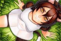 2025 ai_generated animal_ears artist_name breasts brown_hair crazyfishbones female izutsumi panties solo tail thighhighs underwear yellow_eyes