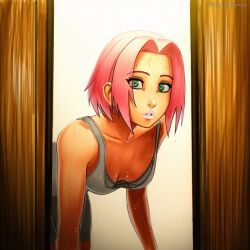 2025 ai_generated artist_name breasts crazyfishbones female green_eyes naruto naruto_(series) naruto_shippuuden pink_hair sakura_haruno short_hair solo