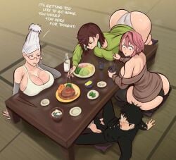 1boy 3girls arachnart ayase_momo ayase_seiko big_ass big_breasts blush clothed dandadan eating footjob shiratori_aira_(dandadan) shocked smoking takakura_ken_(okarun) text under_the_table