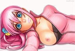2025 ai_generated artist_name blue_eyes breasts crazyfishbones female gotoh_hitori_(octopus) large_breasts long_hair looking_at_viewer lying pink_hair solo underwear