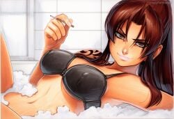 2025 ai_generated artist_name black_lagoon blue_eyes bra breasts brown_hair cleavage crazyfishbones female large_breasts long_hair revy solo underwear