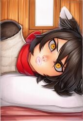 2025 ai_generated animal_ears artist_name black_hair brown_eyes crazyfishbones female izutsumi looking_at_viewer lying pillow short_hair solo yellow_eyes