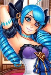2025 ai_generated armpits artist_name blue_eyes blue_hair breasts crazyfishbones drill_hair female gwen_(league_of_legends) long_hair looking_at_viewer solo twin_drills