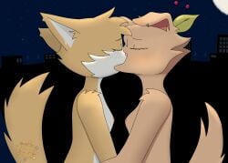 2025 absurd_res anthro berri_(cherry_beries) brown_body brown_fur canid canine canis domestic_cat domestic_dog duo ear_piercing felid feline felis female female/female fur hi_res kissing light mammal miles_rosebh moon moonlight piercing rolo_(rolo_stuff) white_body white_fur yellow_body yellow_fur