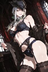 2025 ai_generated background bloodborne bra collar female female_focus fromsoftware green_eyes lady_maria_of_the_astral_clocktower light-skinned_female light_skin lingerie lingerie_only looking_at_viewer looking_pleasured panties ponytail smile smiley_face smiling_at_partner smiling_at_viewer socks tagme tricorne uncensored undressing video_game video_game_character video_game_franchise video_games white_hair