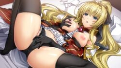 black_gloves black_panties black_ribbon black_thighhighs blonde_hair blue_eyes blush breasts breasts_out detached_sleeves elbow_gloves female female_masturbation fingering game_cg gloves grabbing_own_breast hair_between_eyes high_ponytail inoino kouyoku_senki_exs-tia large_breasts large_variant_set long_hair looking_at_viewer lying masturbation masturbation_through_clothes medium_breasts nipples non-web_source official_art on_back open_mouth panties pillow ponytail ribbon rieszverne_suzette_paladill solo spread_legs thighhighs tiara underwear unworn_gloves variant_set very_long_hair