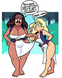 2girls ass barefoot breasts cartoon_network chocolate_and_vanilla chubby cleavage clothed dark-skinned_female dark_skin dress feet female female_only huge_ass huge_breasts jay-ten_(steven_universe) larger_female loincloth priyanka_maheswaran size_difference smaller_female speech_bubble steven_universe superspoe text thick_thighs toes wide_hips zoomans