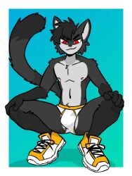3:4 anthro bottomwear briefs bulge clothed clothing crouching danny_arctic_(artist) domestic_cat felid feline felis footwear fur grey_body grey_fur hair hi_res looking_at_viewer low-angle_view male mammal pixelated shoes simple_background sneakers solo underwear