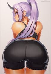 2025 ai_generated artist_name ass bike_shorts crazyfishbones female from_behind long_hair looking_back ponytail purple_eyes purple_hair shion_(tensei_shitara_slime_datta_ken) shion_(tensura) solo tensei_shitara_slime_datta_ken