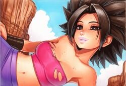 2025 ai_generated artist_name blush breasts brown_eyes brown_hair caulifla crazyfishbones day female large_breasts navel ponytail solo