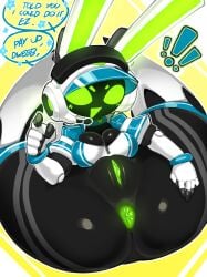 anthro anus armor ass big_butt blush breasts cleavage clothed clothing electronics english_text exclamation_point eyebrows female flexible genitals gesture goatboydraws green_anus green_blush green_eyebrows green_eyes green_inner_ear green_mouth green_vulva hand_gesture headgear headphones headset helmet hi_res huge_butt jumpsuit lagomorph legs_behind_head legs_up leporid long_ears lying machine mammal on_back pointing pointing_at_viewer project_turboblast pussy rabbit robot screen screen_face sitting solo speech_bubble talking_to_viewer tempo_(project_turboblast) text tight_clothing vulva white_ears