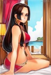 2025 ai_generated artist_name bikini blue_eyes boa_hancock breasts clothing crazyfishbones day female female_only jewelry long_hair one_piece sitting solo swimsuit