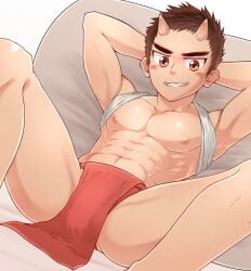 1boy abs armpits arms_up biceps big_areola big_eyes blush brown_hair bulge bulge_through_clothing clenched_teeth collarbone demon demon_boy demon_horns eight_pack etchu_fundoshi eyelashes flaccid frown fundoshi gakupoppo gay genital_outline grin hands_behind_head hi_res looking_at_viewer male male_only mature_male muscles muscular muscular_arms muscular_male navel oni oni_horns original original_character pecs pelvic_curtain pillow red_eyes red_fundoshi sharp_teeth shirt_pulled_behind_neck short_hair sitting six_pack snaggle_tooth solo spread_legs teeth_showing thick_eyebrows yaoi