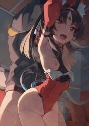 1boy absurdres animal_ear_fluff animal_ears armpits arms_up barcode barcode_tattoo black_hair blush breasts cable cable_tail cat_ears cat_girl cat_tail clothed_sex covered_navel facial_mark fangs female forehead_tattoo gueya highres leotard long_hair male mechanical_tail multi_tail nekomiya_mana open_mouth red_eyes sex sex_from_behind small_breasts standing standing_sex straight strapless strapless_leotard tail tattoo triangle triangle_facial_mark two_tails wise_(zenless_zone_zero) zenless_zone_zero