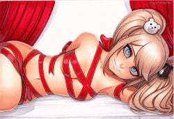 2025 ai_generated artist_name blonde_hair blue_eyes breasts crazyfishbones enoshima_junko female long_hair looking_at_viewer lying naked_ribbon solo twintails
