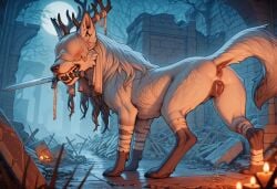 ai_assisted ai_generated animal_genitalia animal_penis animal_pussy antlers anus ass bandages blindfold bloodborne bodily_fluids candle canid canine canine_genitalia canine_penis canis dripping female feral full-length_portrait full_moon fur genital_fluids genitals hair hi_res holding_object holding_sword holding_weapon horn inner_ear_fluff looking_at_viewer looking_back looking_back_at_viewer mammal melee_weapon moon night penis portrait powerhead_(director) presenting presenting_hindquarters pussy pussy_juice pussy_juice_drip pussy_juice_puddle pussy_juice_string quadruped raised_tail ruins sharp_teeth solo solo_focus standing sword teeth tuft vicar_amelia weapon white_body white_fur white_hair wolf
