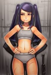 2025 ai_generated artist_name crazyfishbones female hand_on_hip hands_on_hips jill_stingray long_hair looking_at_viewer navel purple_hair solo twintails underwear