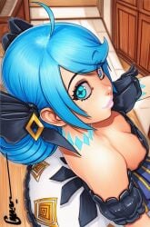 2025 ai_generated artist_name blue_eyes blue_hair breasts cleavage crazyfishbones female gloves gwen_(league_of_legends) large_breasts long_hair looking_at_viewer solo