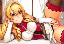2025 ai_generated artist_name blonde_hair breasts crazyfishbones elinalise_dragonroad female gloves large_breasts long_hair lying pointy_ears solo thighhighs